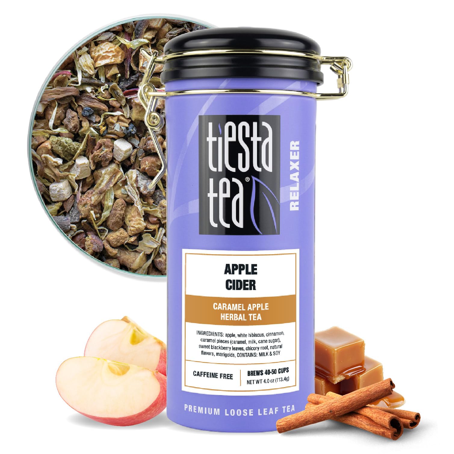 Tiesta Tea tin front view showing apple cider blend and fresh aroma benefits
