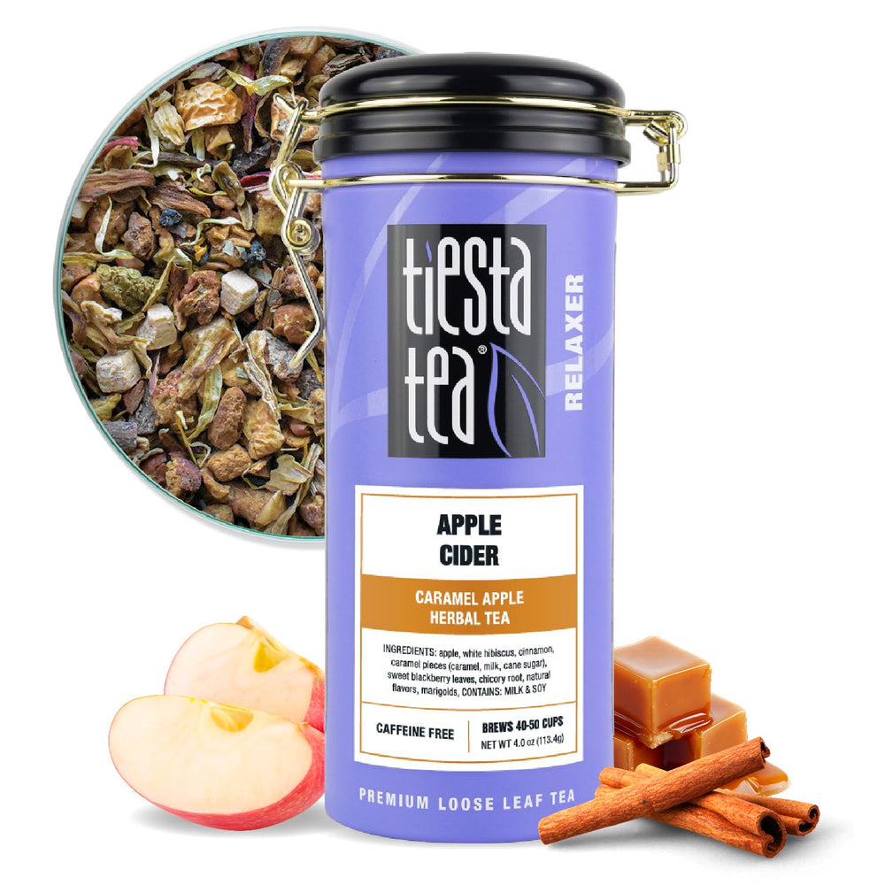 Tiesta Tea tin front view showing apple cider blend and fresh aroma benefits