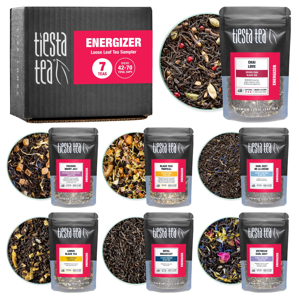 Tiesta Tea front packaging showing sampler variety and convenience