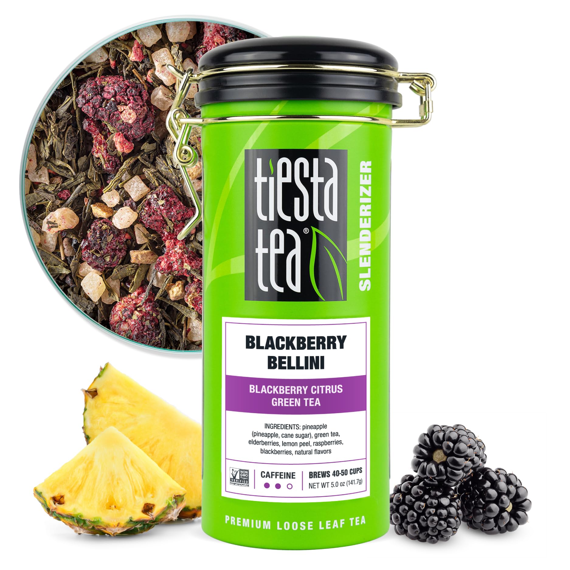 Tiesta Tea front packaging showing Blackberry Bellini pouch and label benefits