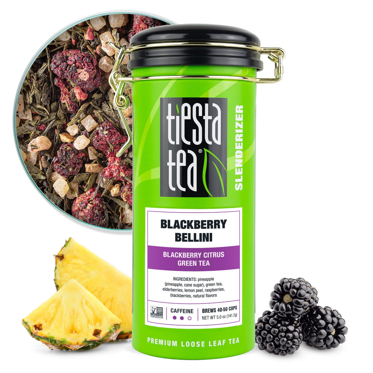 Tiesta Tea front packaging showing Blackberry Bellini pouch and label benefits
