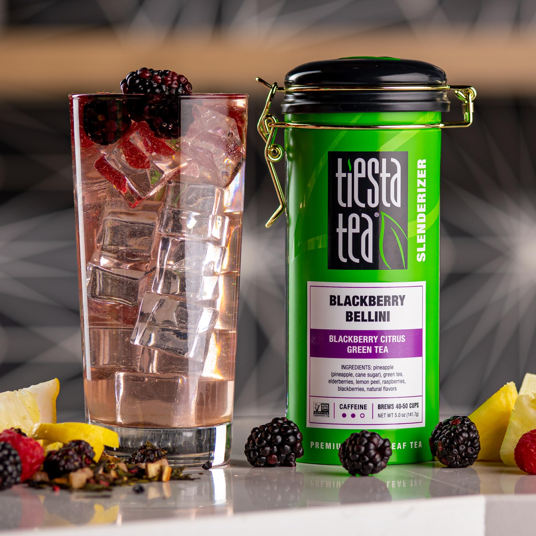 Tiesta Tea loose leaf close-up displaying fruit pieces and vibrant leaf texture