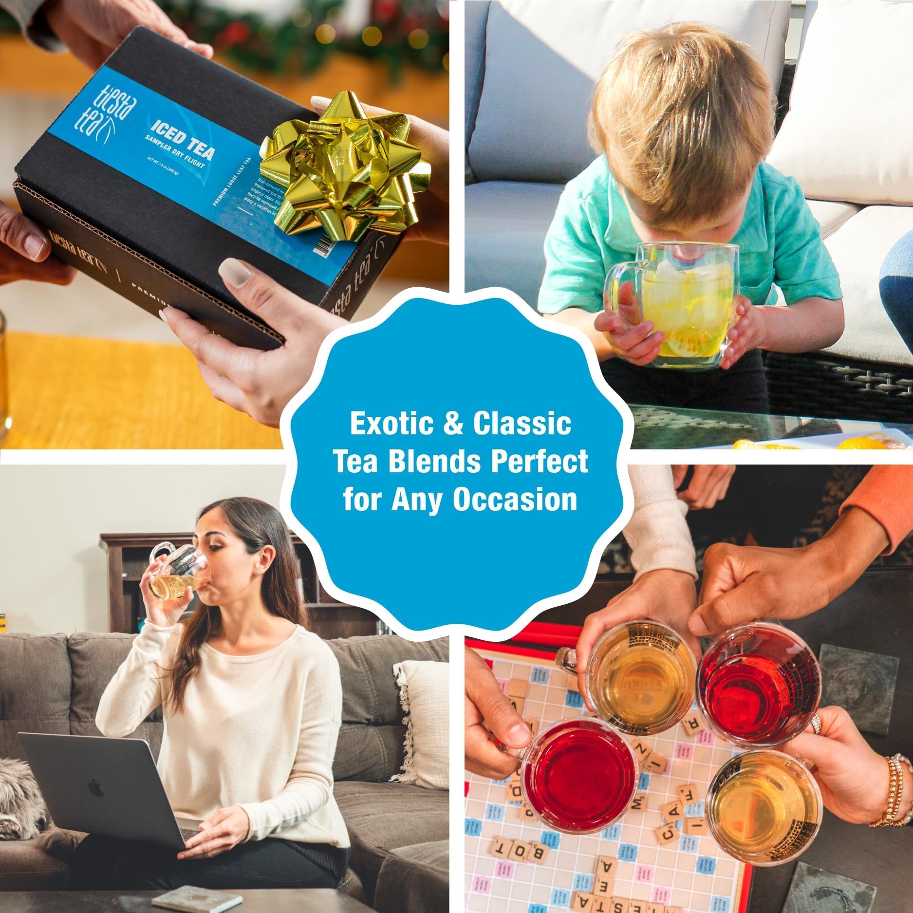 Tiesta Tea iced glasses with ice cubes highlighting chilled smooth flavor