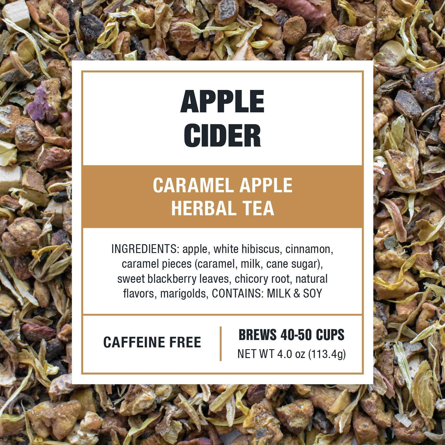 Ingredients spread with apple, cinnamon, and caramel pieces showcasing Tiesta Tea flavor depth