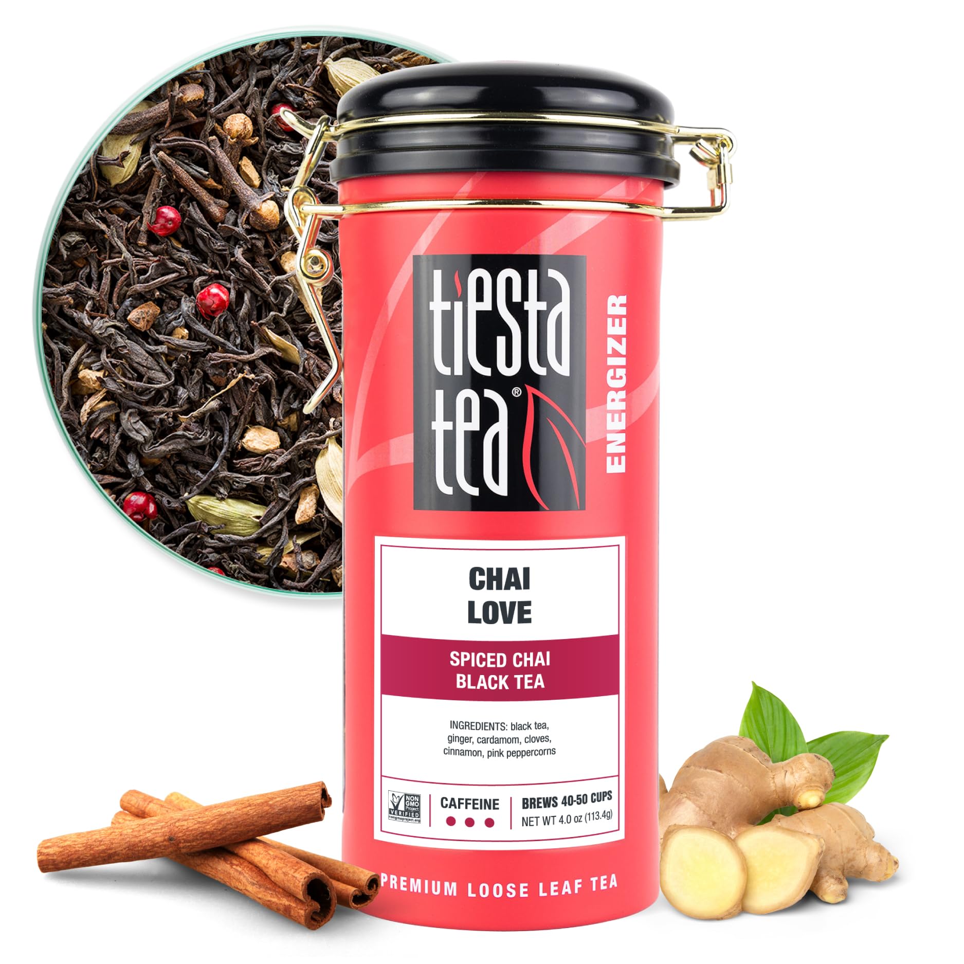 Tiesta Tea tin front view showing Chai Love label and elegant storage benefit