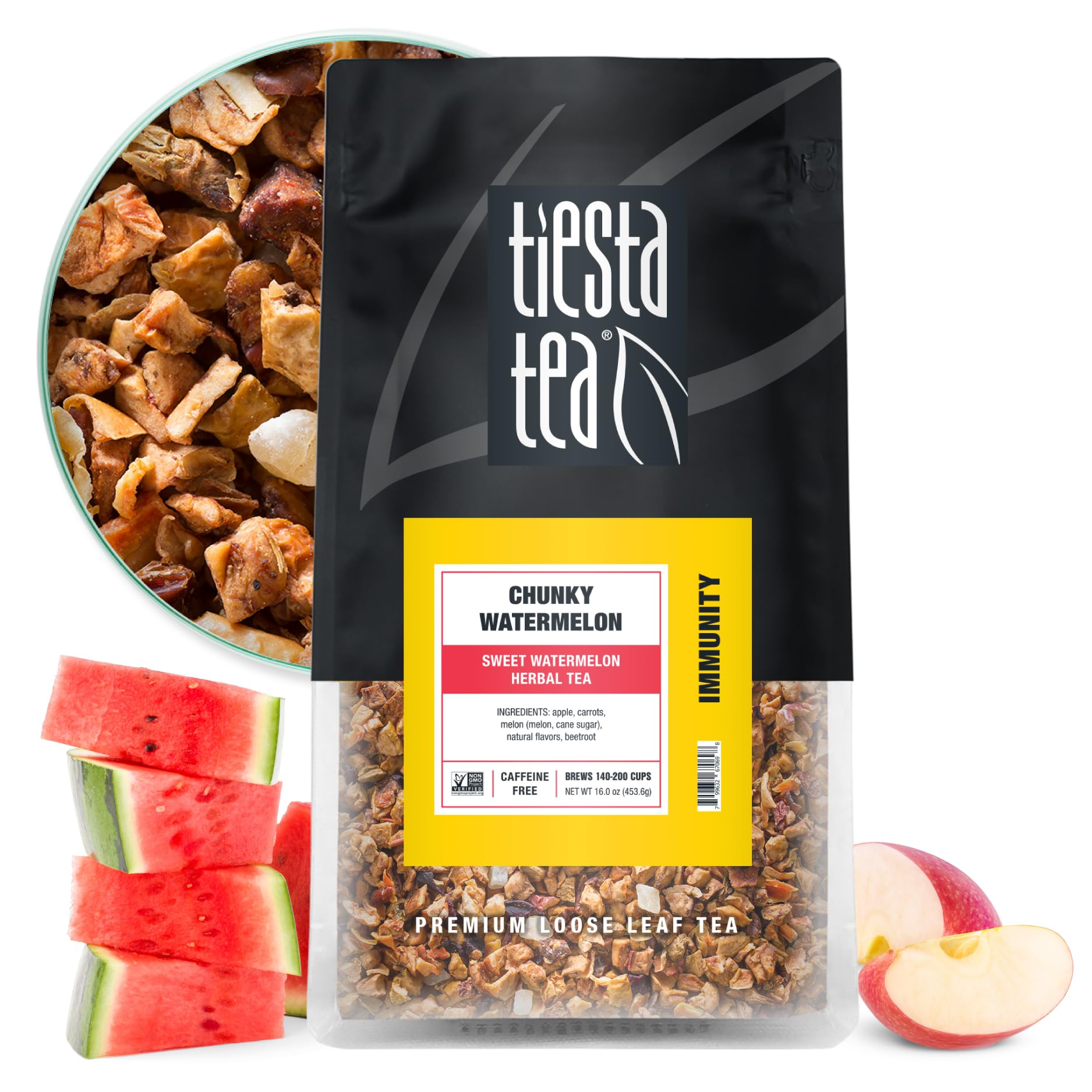 Tiesta Tea front packaging showing Chunky Watermelon, keeps tea fresh