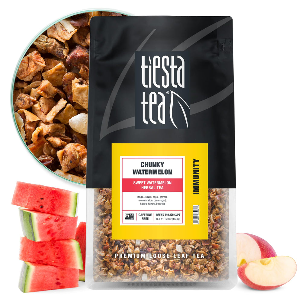 Tiesta Tea front packaging showing Chunky Watermelon, keeps tea fresh