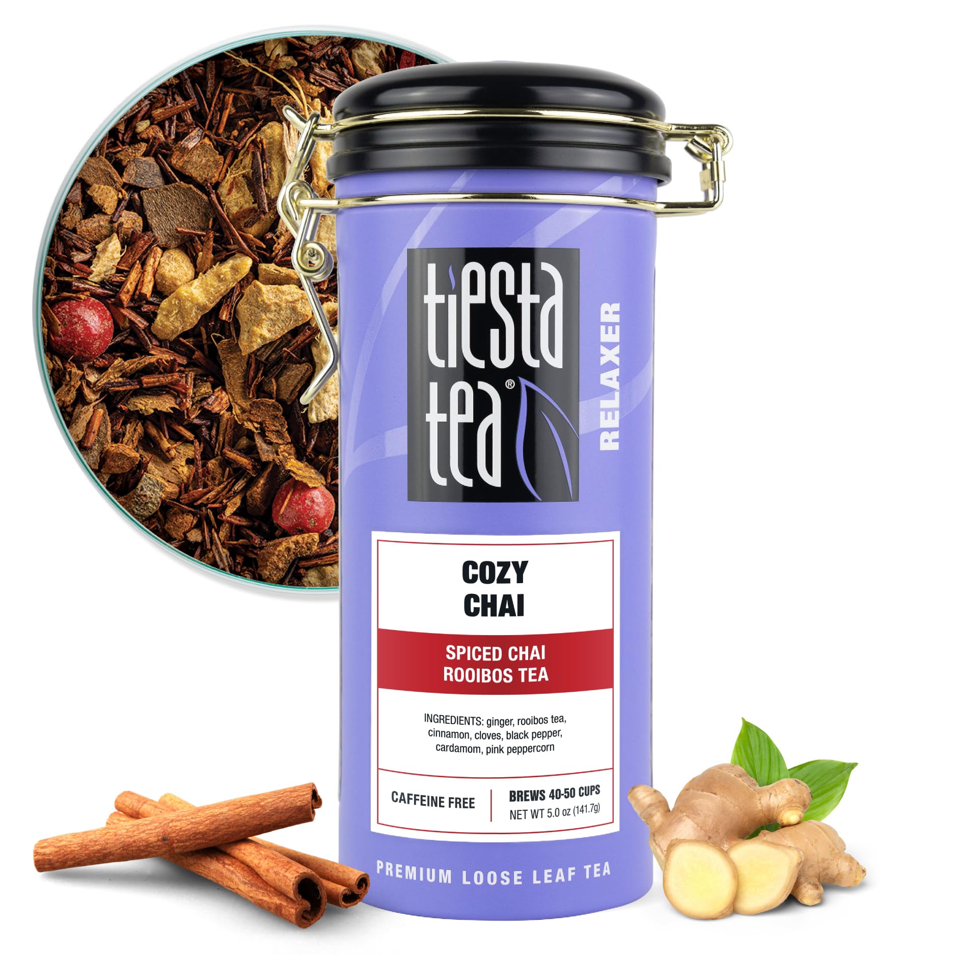 Tiesta Tea pouch front view showing cozy chai packaging and airtight benefit