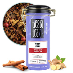 Tiesta Tea pouch front view showing cozy chai packaging and airtight benefit
