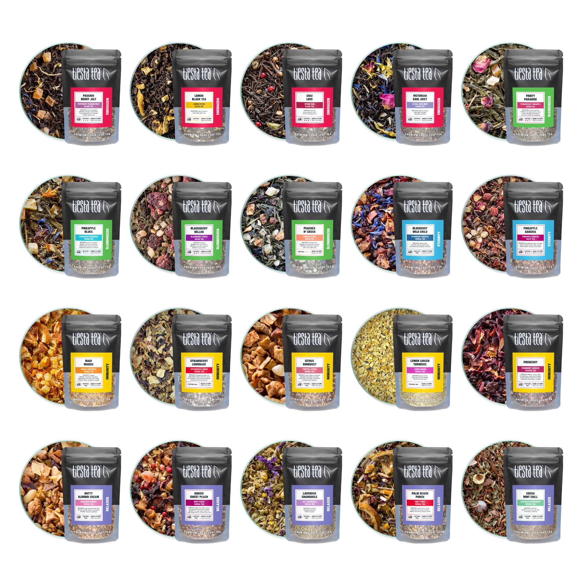 Tiesta Tea front packaging showing sampler assortment and variety benefits