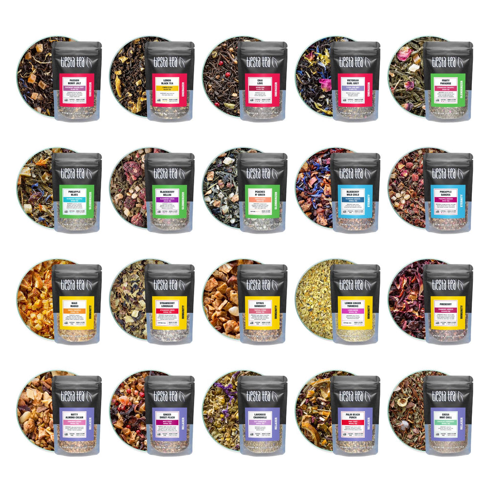 Tiesta Tea front packaging showing sampler assortment and variety benefits
