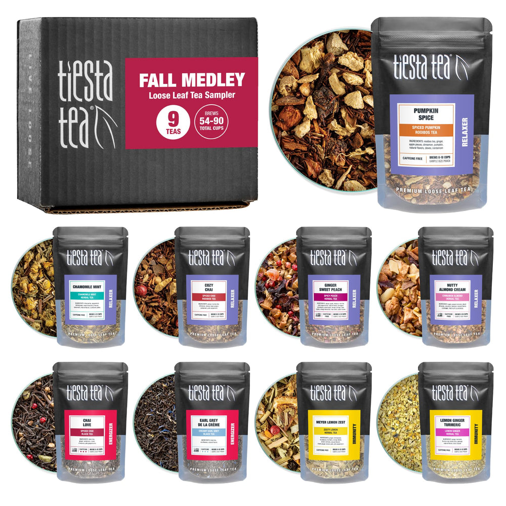 Tiesta Tea fall medley front packaging showing all nine resealable pouches, convenient gifting