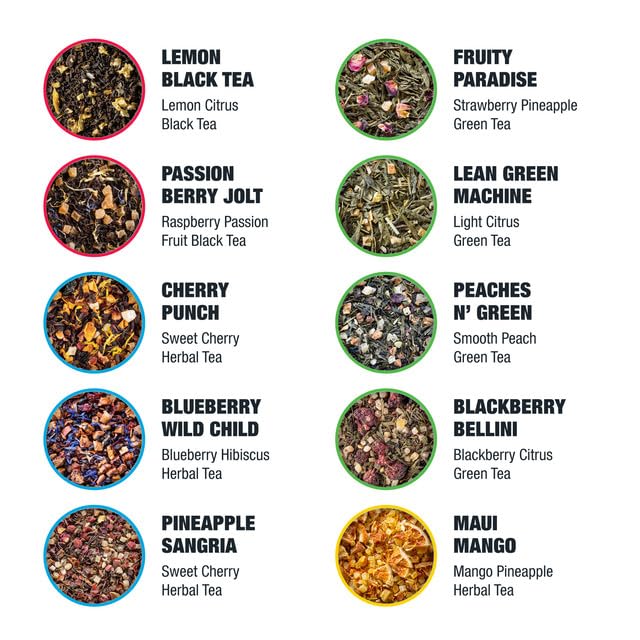 Tiesta Tea assorted sachets and fruits on table illustrating variety selection