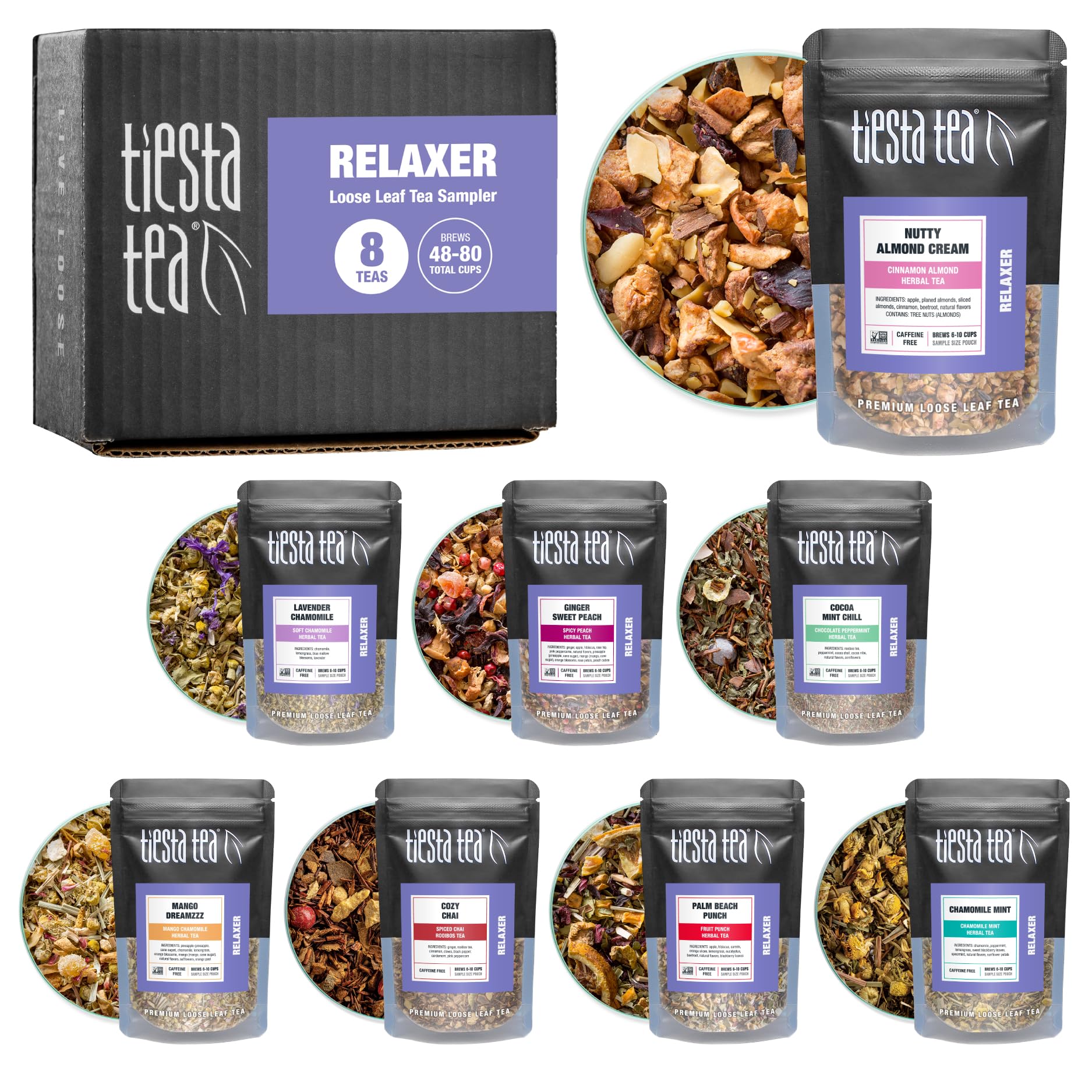 Tiesta Tea front packaging showing sampler pouches and brand benefit fresh options