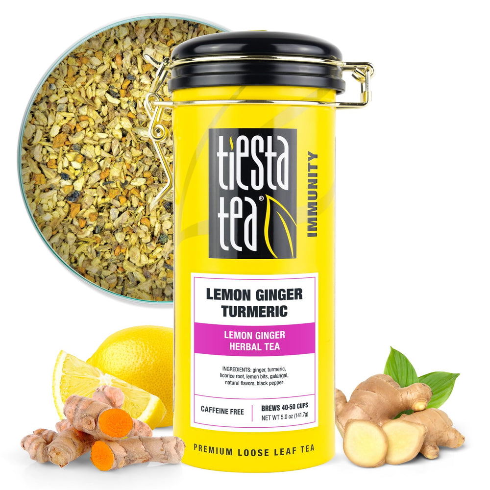 Tiesta Tea front tin showing lemon ginger turmeric blend and vibrant presentation benefits fresh storage