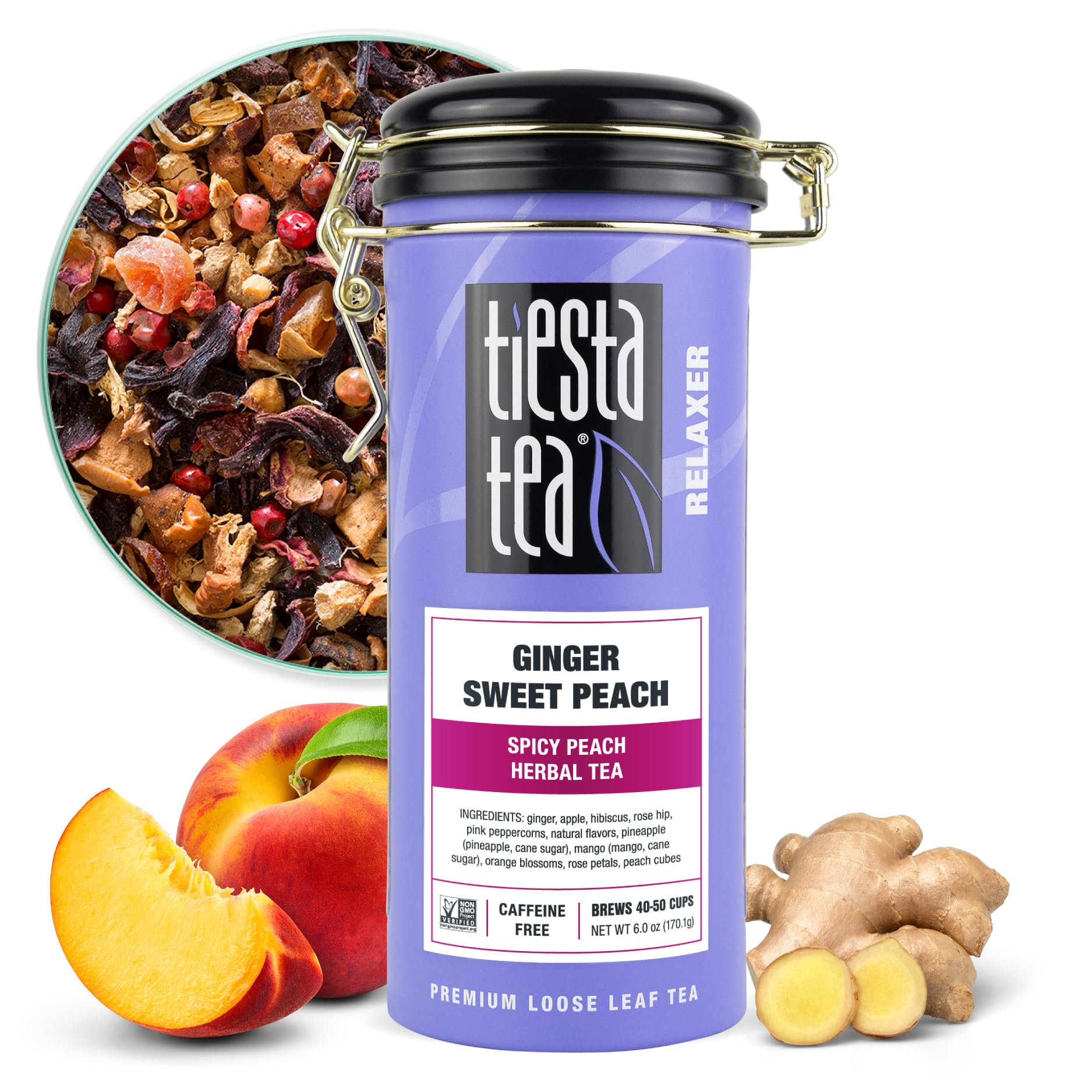 Tiesta Tea tin front view showing label and fresh design, highlights freshness