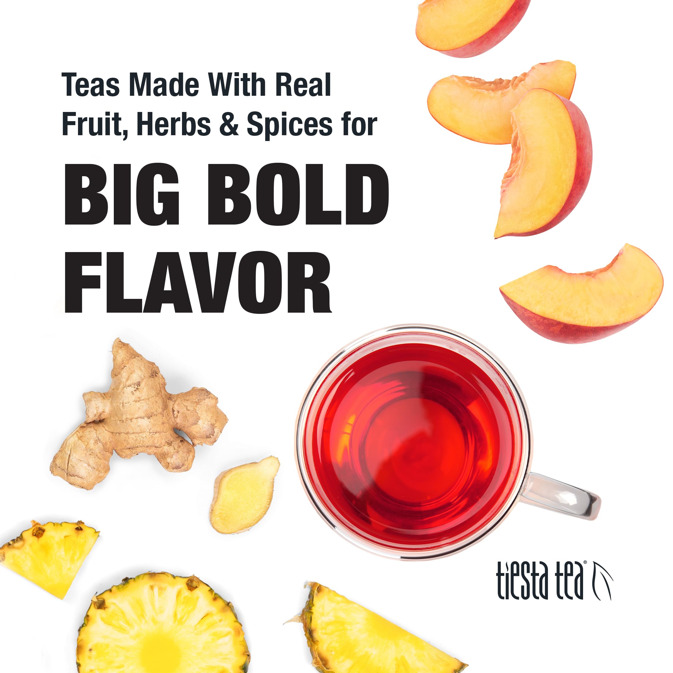 Flatlay of ginger, dried peach, hibiscus pieces with Tiesta Tea ingredients clarity