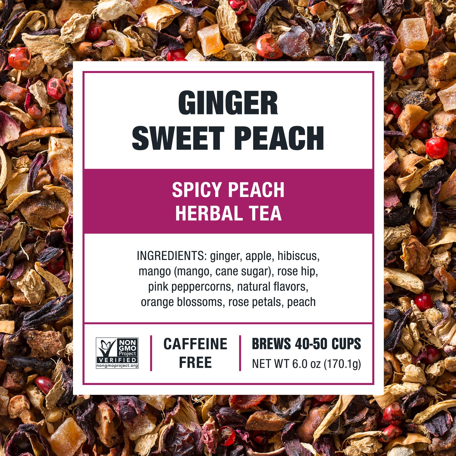 Steeped cup of Tiesta Tea Ginger Sweet Peach, warm soothing sip benefit