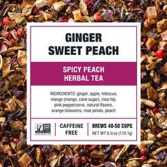 Steeped cup of Tiesta Tea Ginger Sweet Peach, warm soothing sip benefit