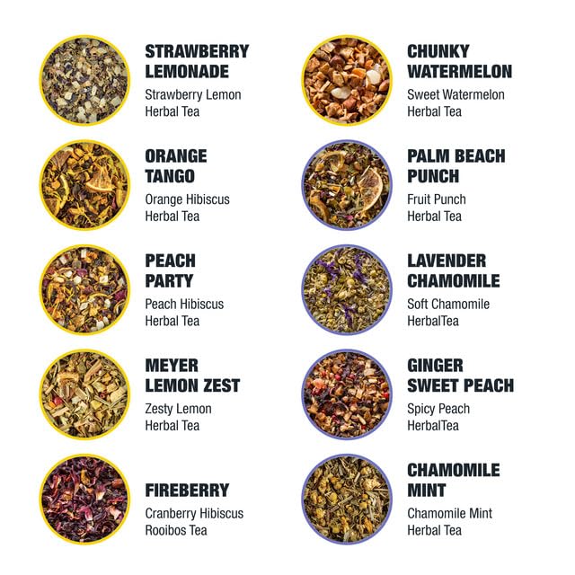 Tiesta Tea product label close up showing blend names and premium ingredients
