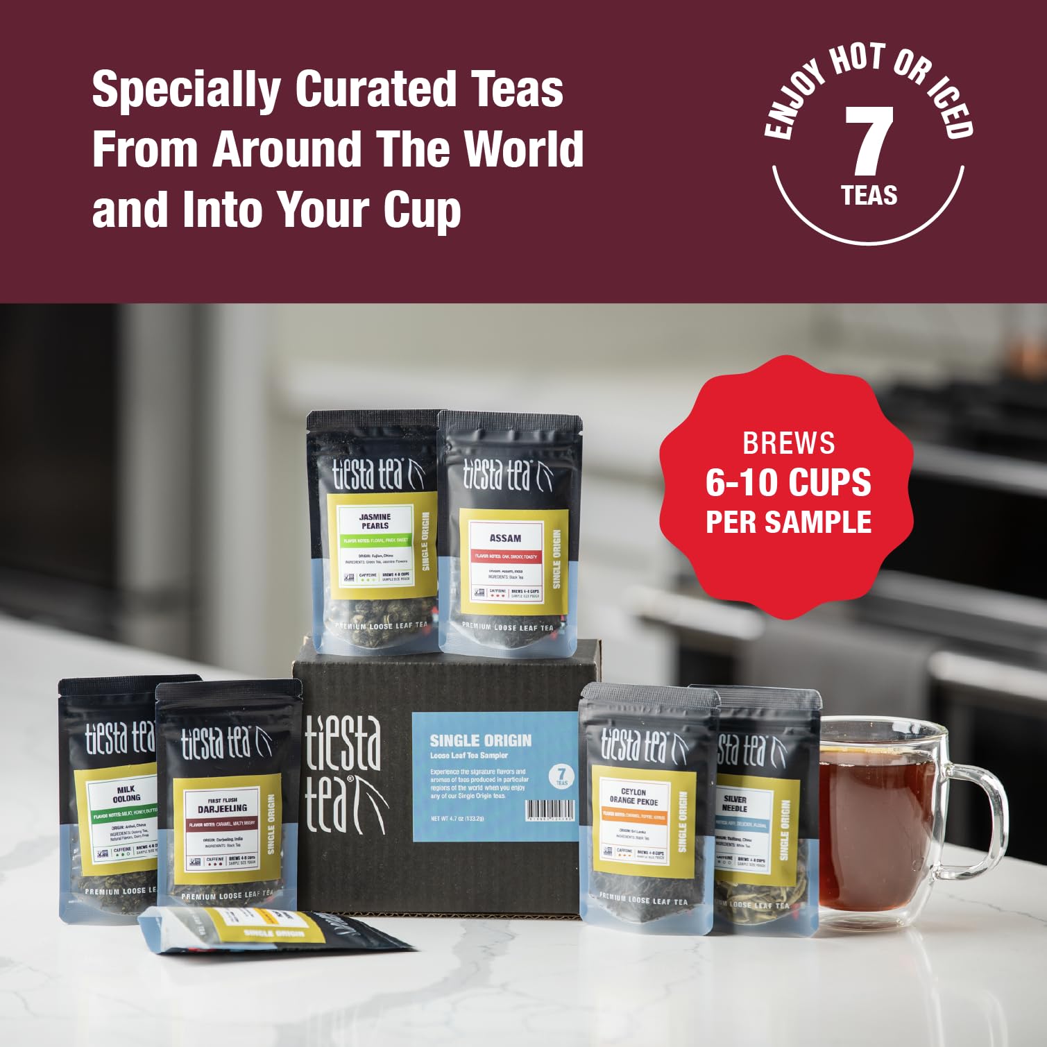 Tiesta Tea loose leaf assortment displayed top-down to compare leaf sizes and textures, easy selection