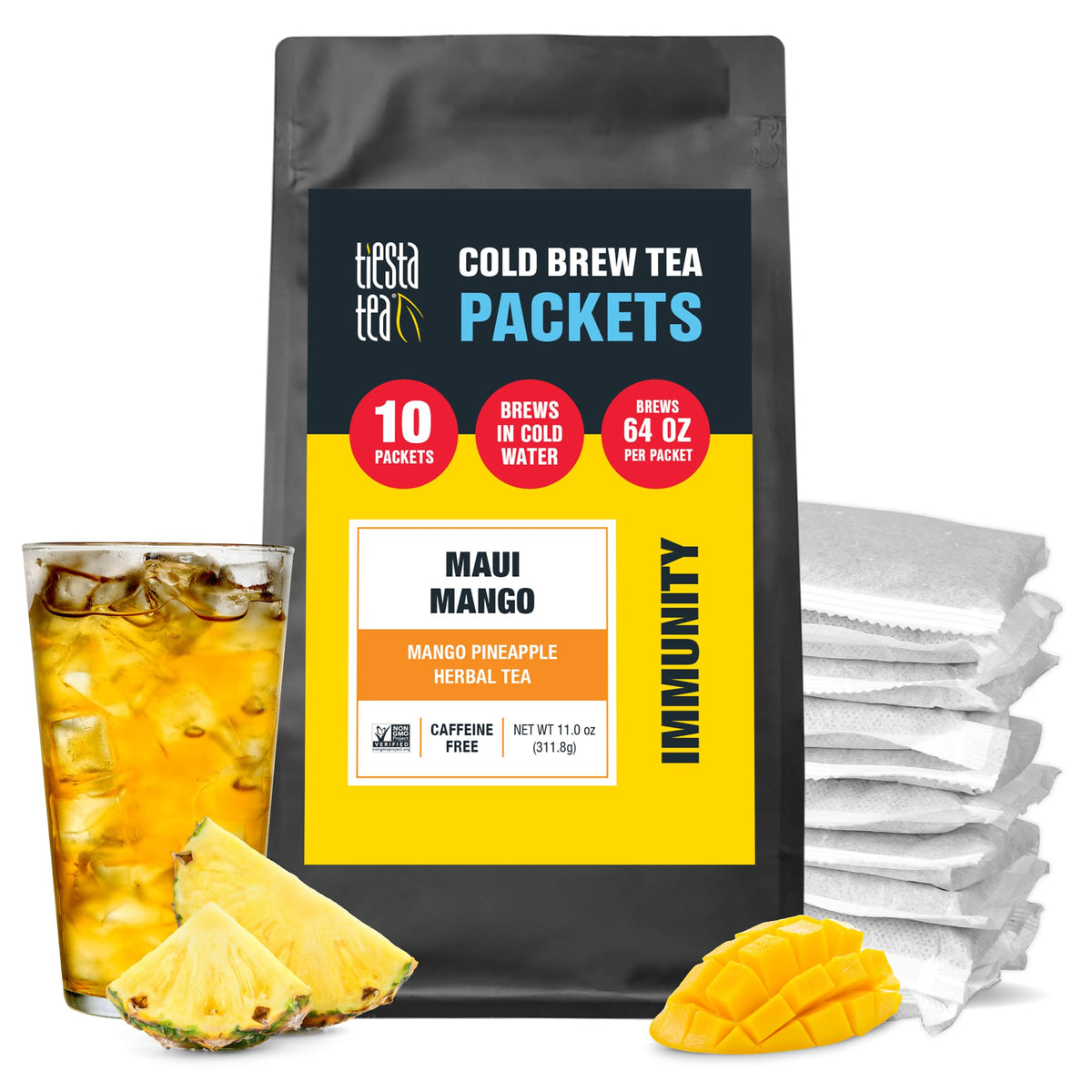 Tiesta Tea front packaging showing Maui Mango tropical blend and benefit refreshment