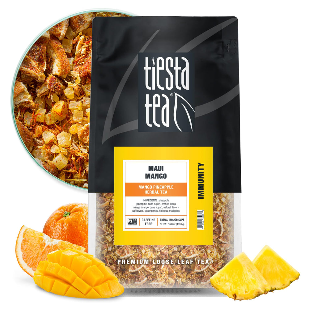 Tiesta Tea pouch front showing Maui Mango blend and benefit of resealable freshness