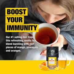 Tiesta Tea Maui Mango steeping in a glass infuser offering vibrant color and full flavor