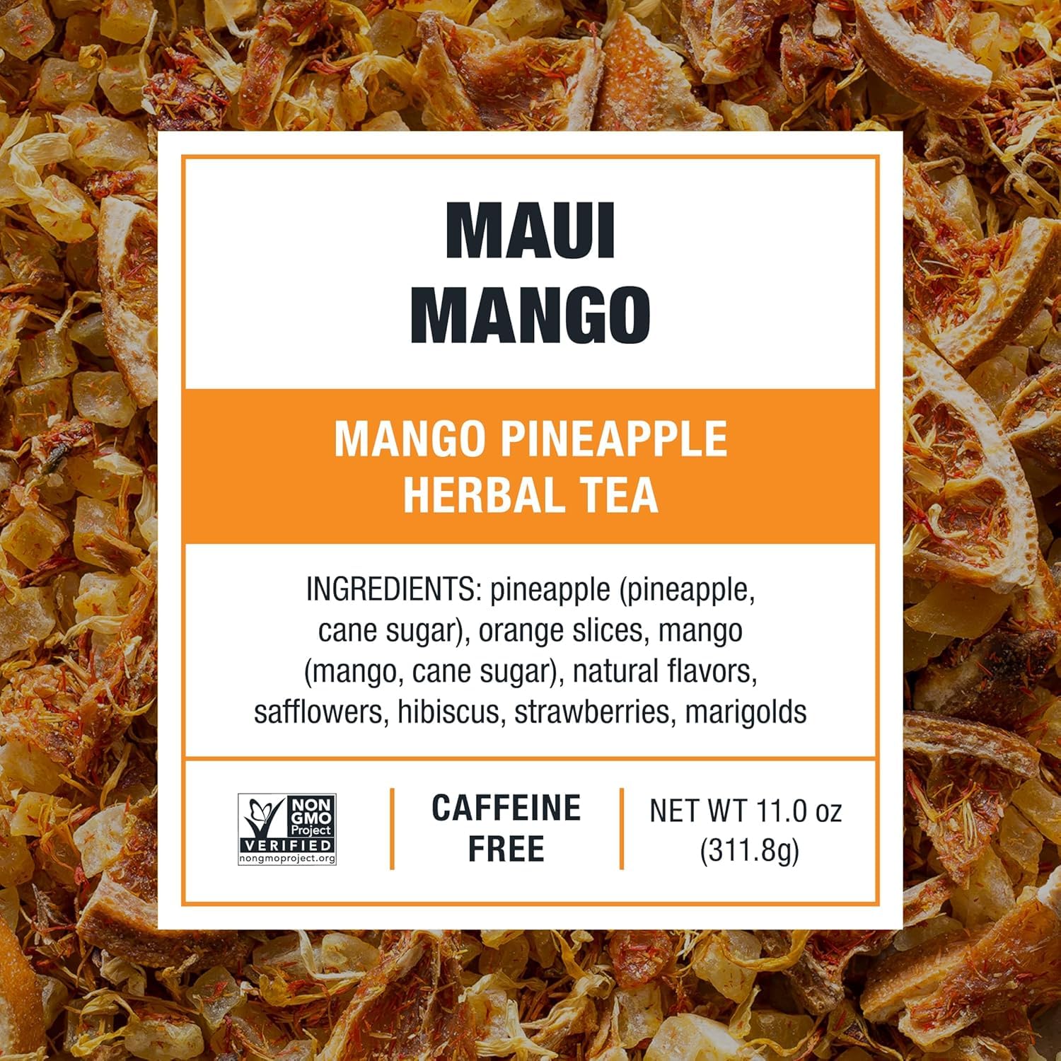 Tiesta Tea ingredient spread of mango pineapple petals showing natural ingredients benefit
