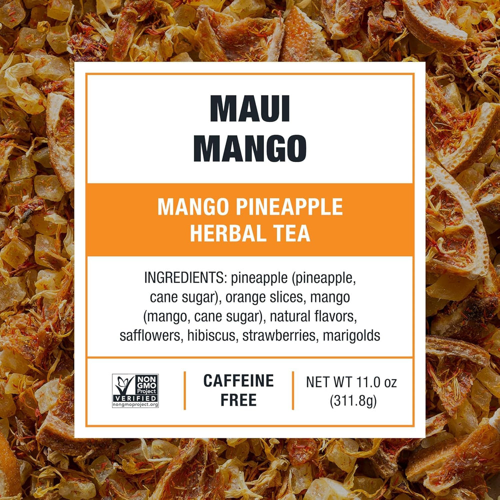 Tiesta Tea ingredient spread of mango pineapple petals showing natural ingredients benefit
