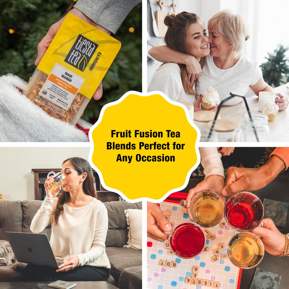 flat lay of Tiesta Tea Maui Mango ingredients including mango, pineapple and hibiscus showcasing natural ingredients