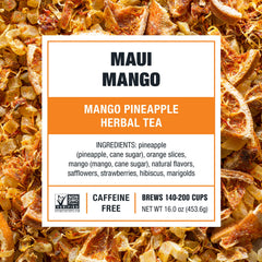 close-up of Tiesta Tea Maui Mango loose leaf texture highlighting fruit pieces and aroma