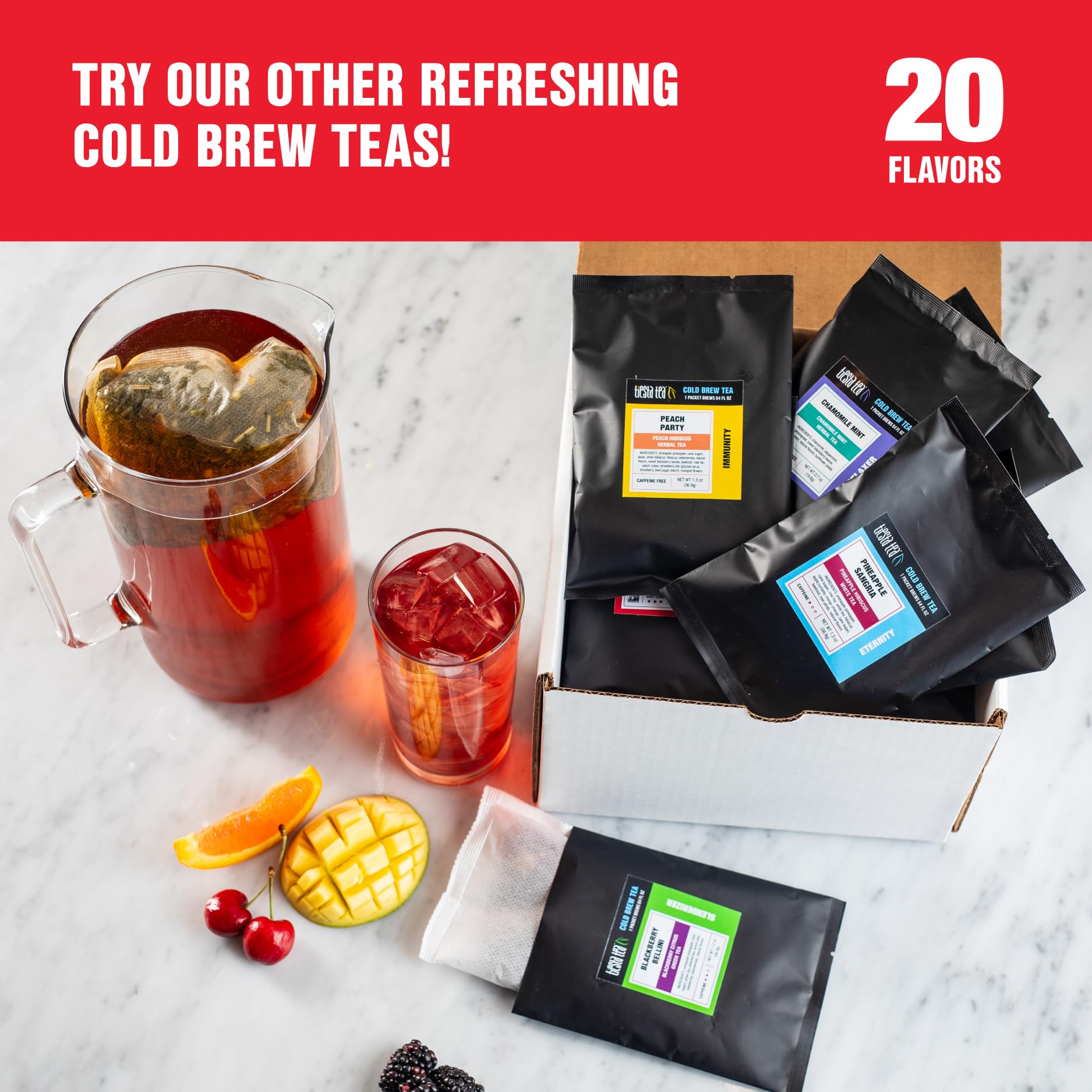 Tiesta Tea mug beside packet for size comparison showing portion guidance benefit
