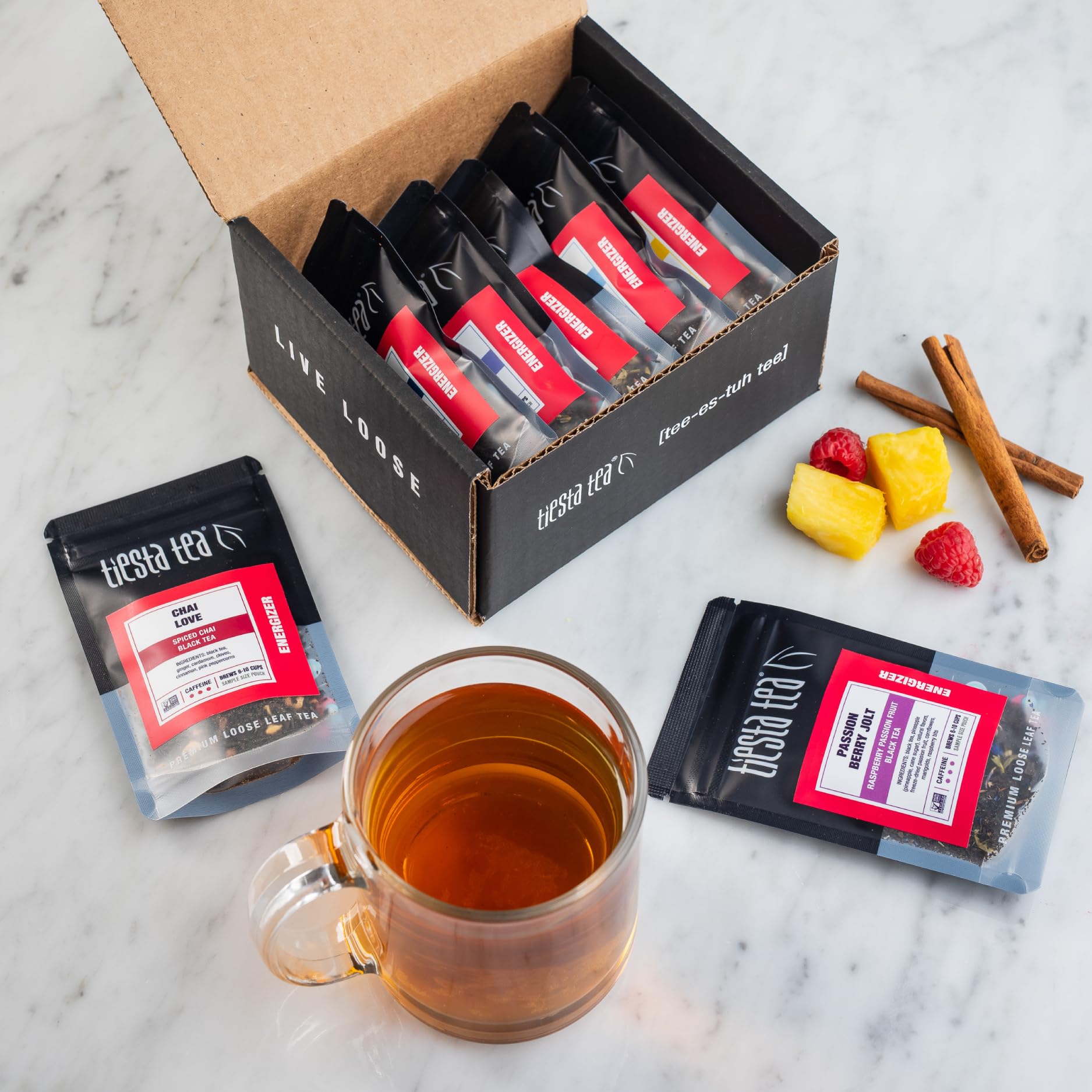 Tiesta Tea measuring teaspoon beside pouch showing accurate portioning