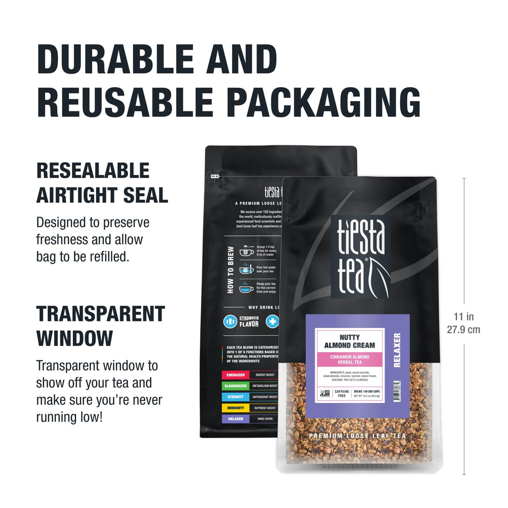 Resealable Tiesta Tea pouch open to show freshness-seal and storage convenience