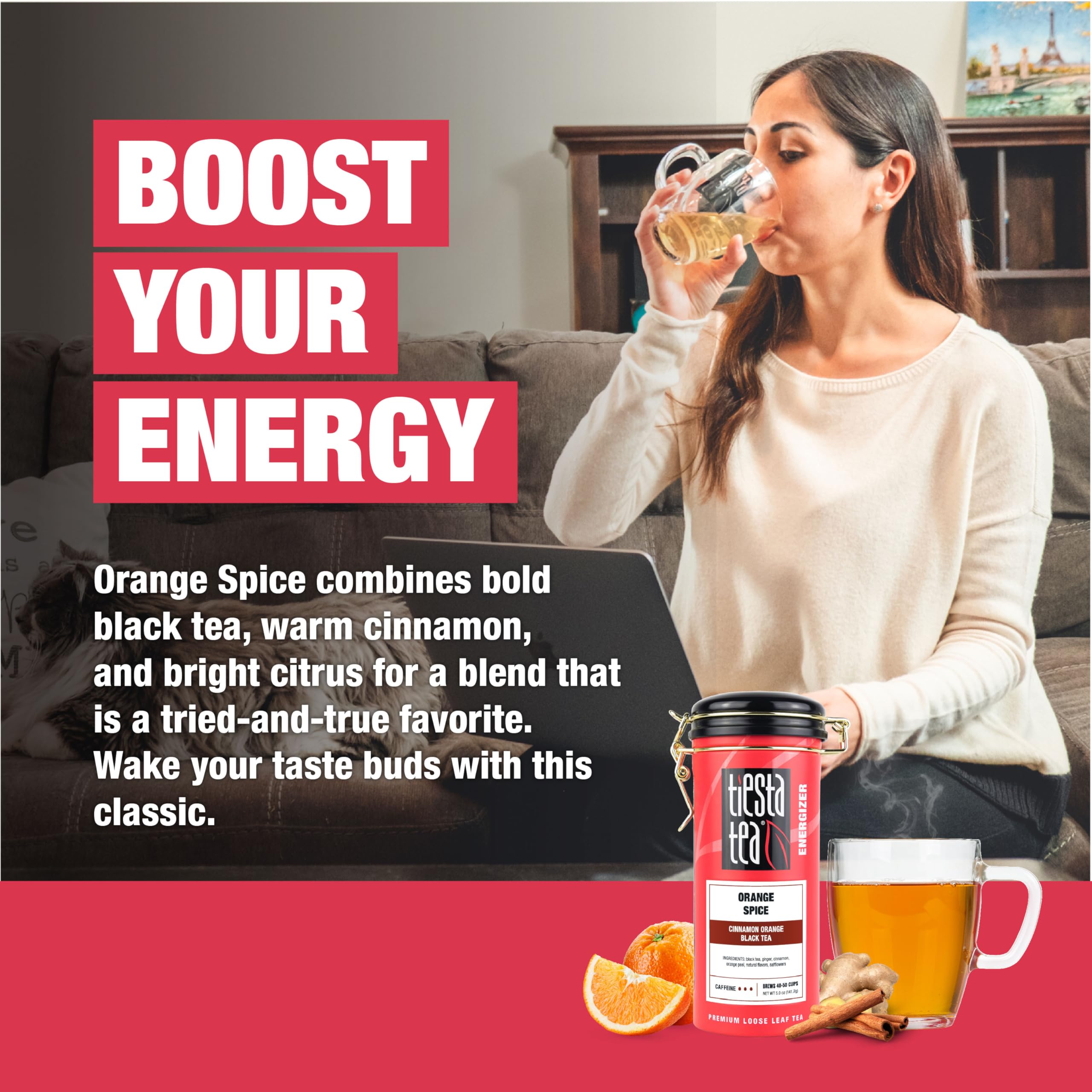 Steaming cup brewed with Tiesta Tea orange spice offering warming comfort