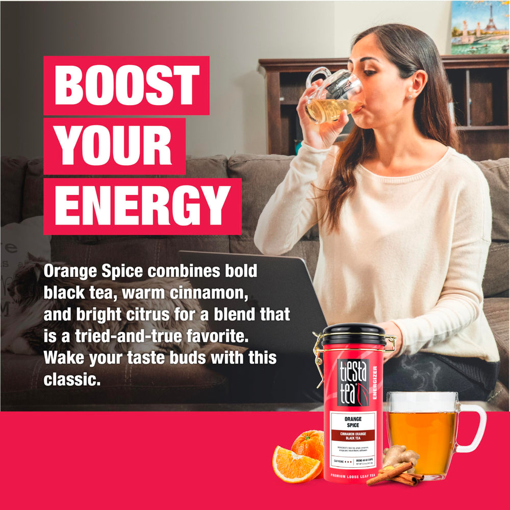 Steaming cup brewed with Tiesta Tea orange spice offering warming comfort