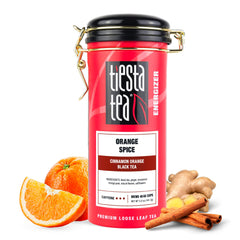 Tiesta Tea front packaging showing bold orange spice blend freshness
