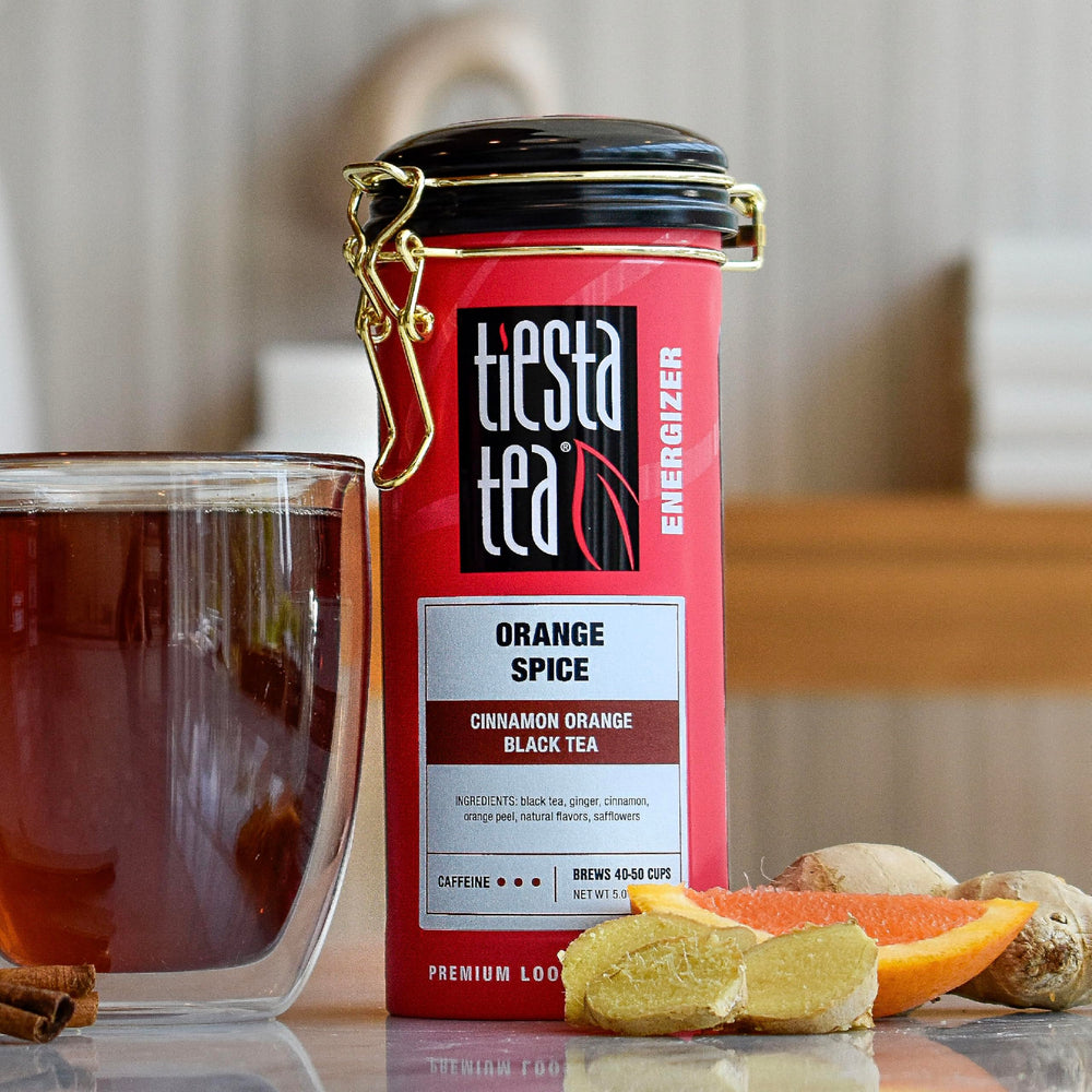 Tiesta Tea loose-leaf close-up revealing orange peel and spice pieces