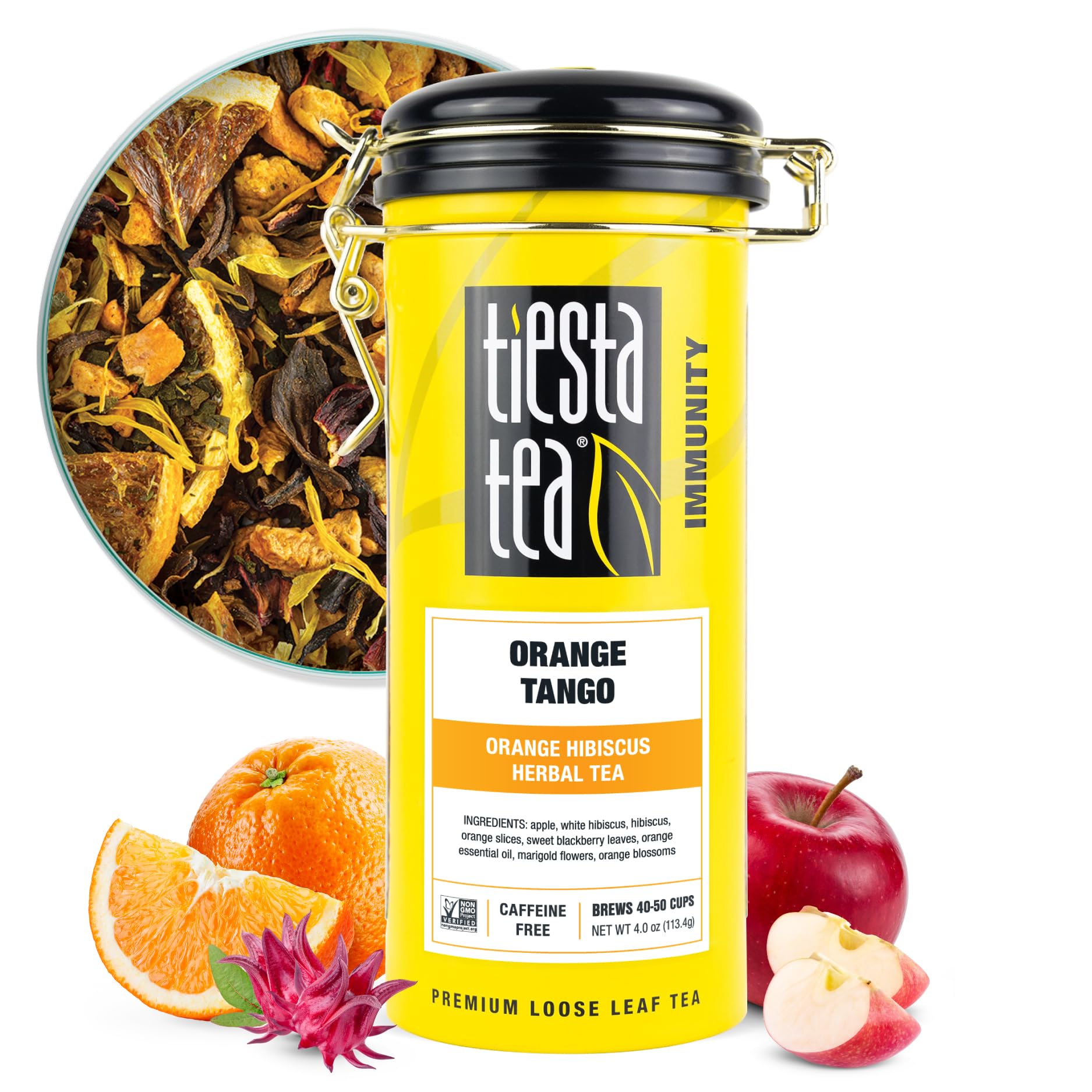 Tiesta Tea tin front view showing orange-hibiscus blend and vibrant label