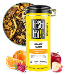 Tiesta Tea tin front view showing orange-hibiscus blend and vibrant label