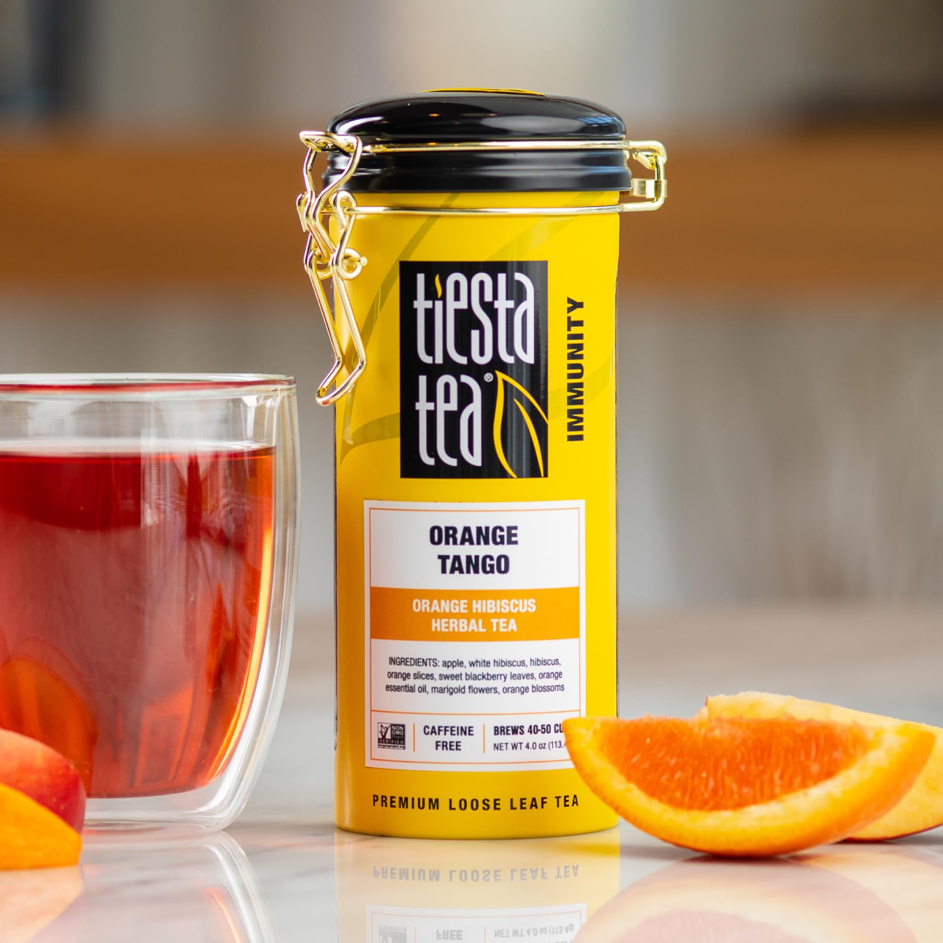Tiesta Tea loose leaf close-up highlighting orange peel and hibiscus benefits