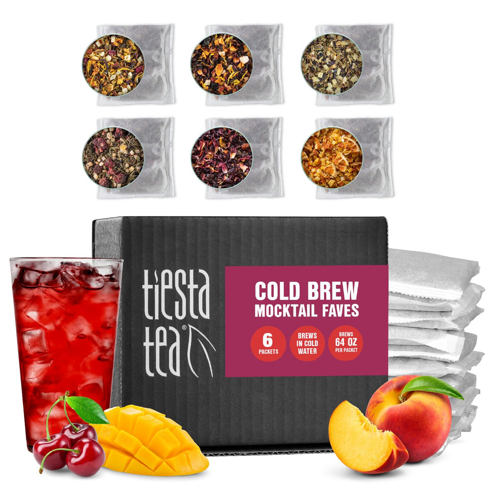 Tiesta Tea pack front showing six cold brew mocktail blends and resealable pouches for variety