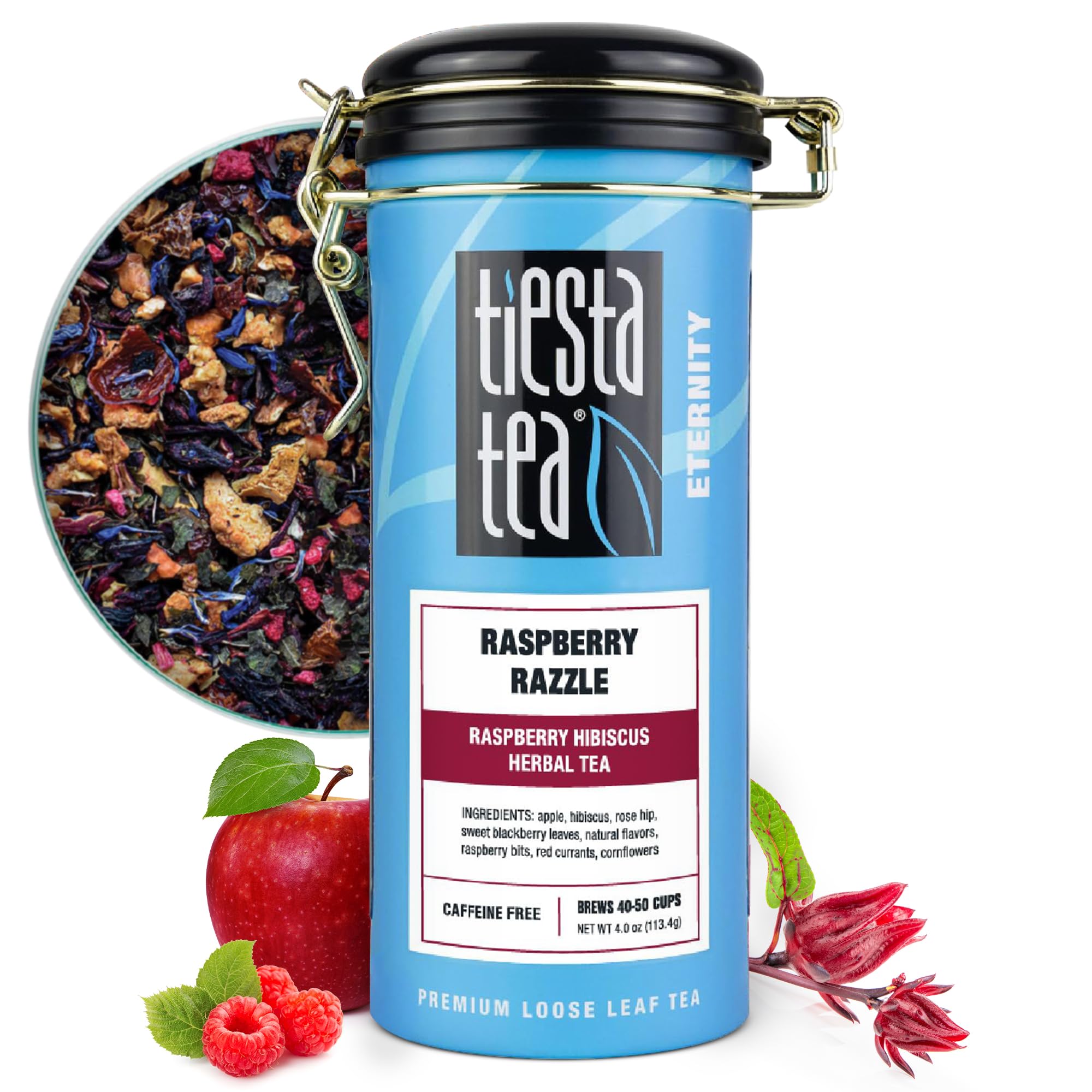 Tiesta Tea front tin showing Raspberry Razzle for vibrant storage