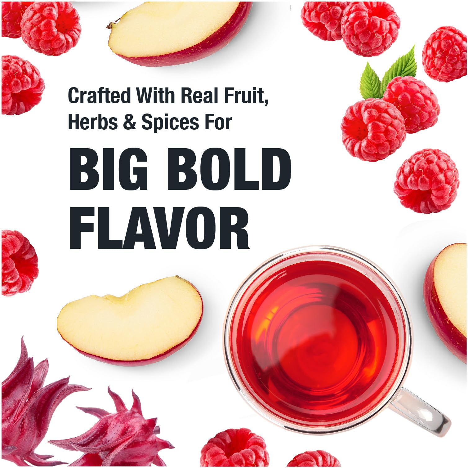 Tiesta Tea ingredient spread with hibiscus, apple, rose hips showcasing natural ingredients
