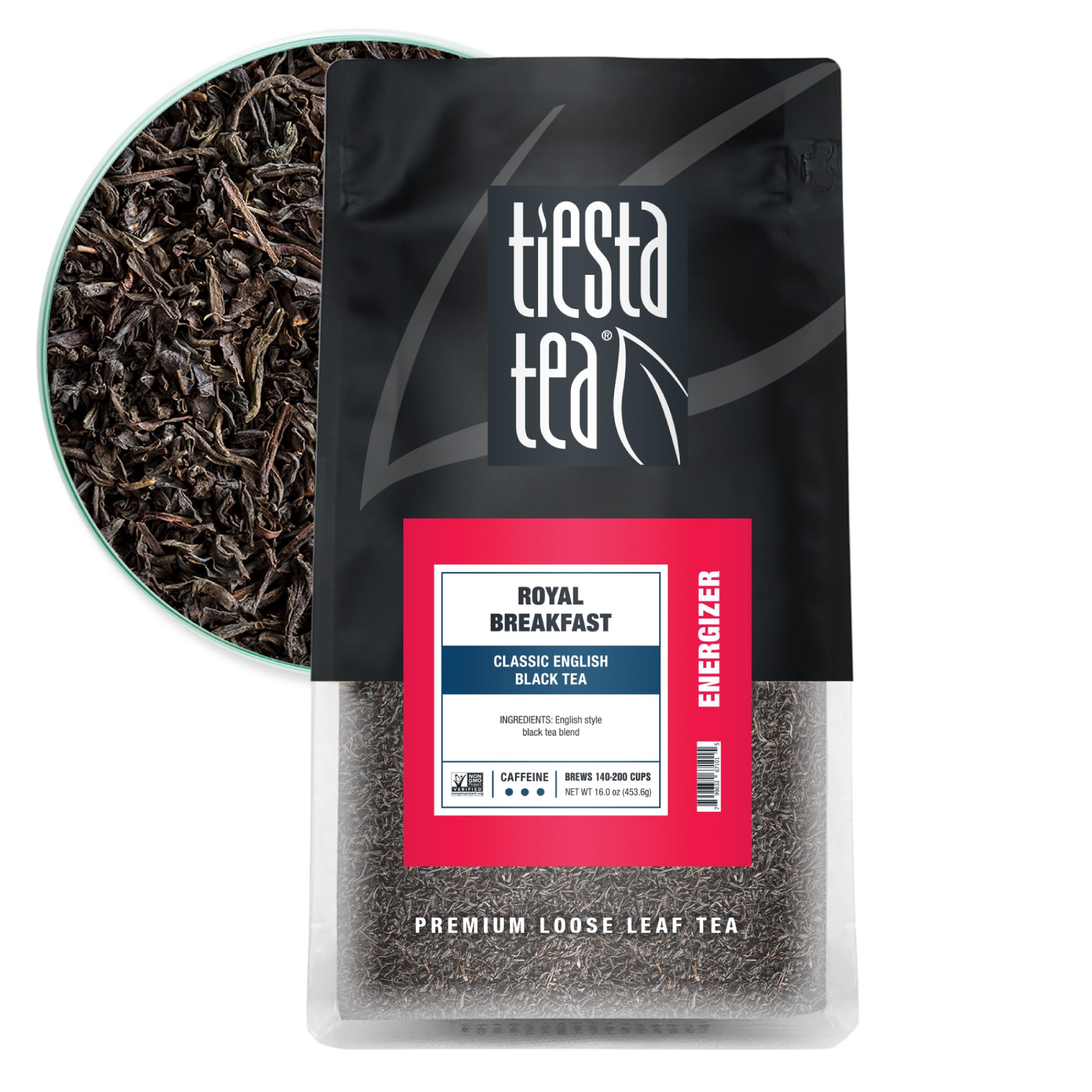 Tiesta Tea pouch front view showcasing brand and bold breakfast tea benefits