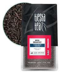 Tiesta Tea pouch front view showcasing brand and bold breakfast tea benefits