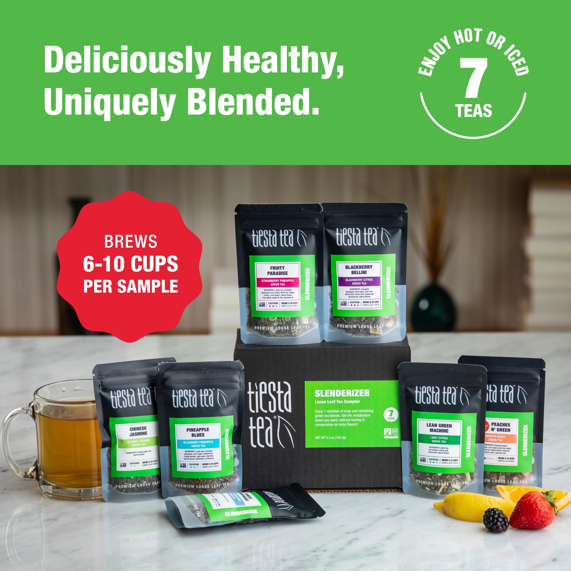 Tiesta Tea sample pouches arrayed to display each green flavor and choice variety