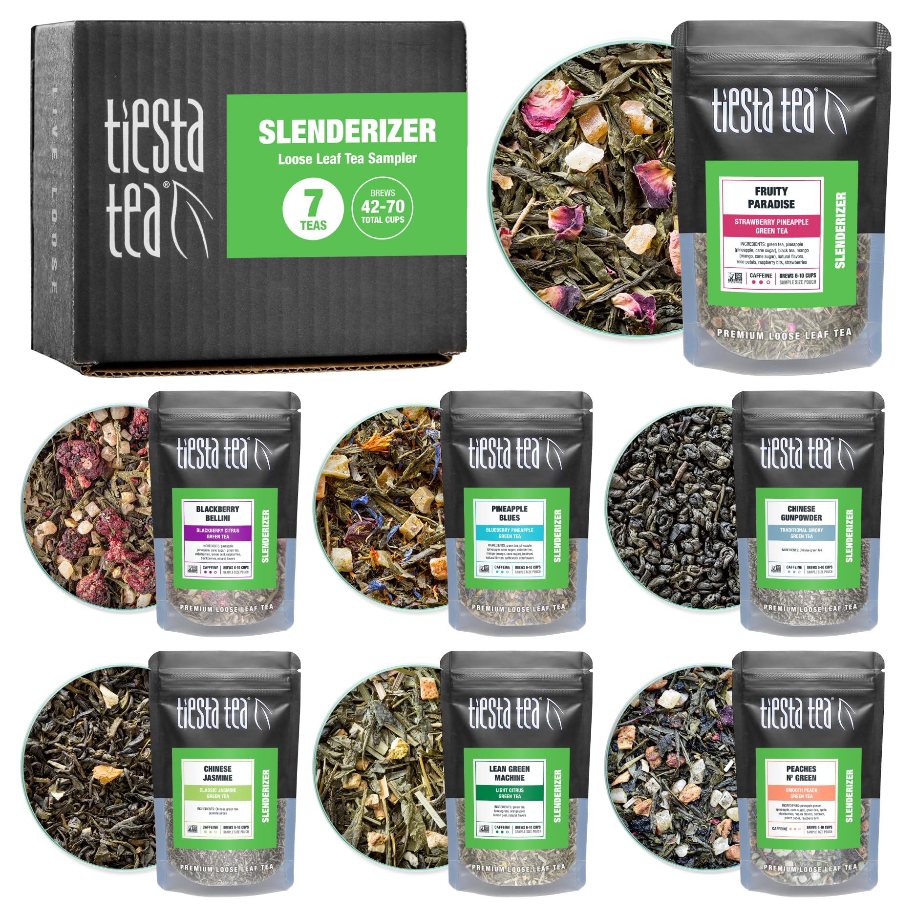 Tiesta Tea sampler box front showing seven green tea pouches for easy tasting