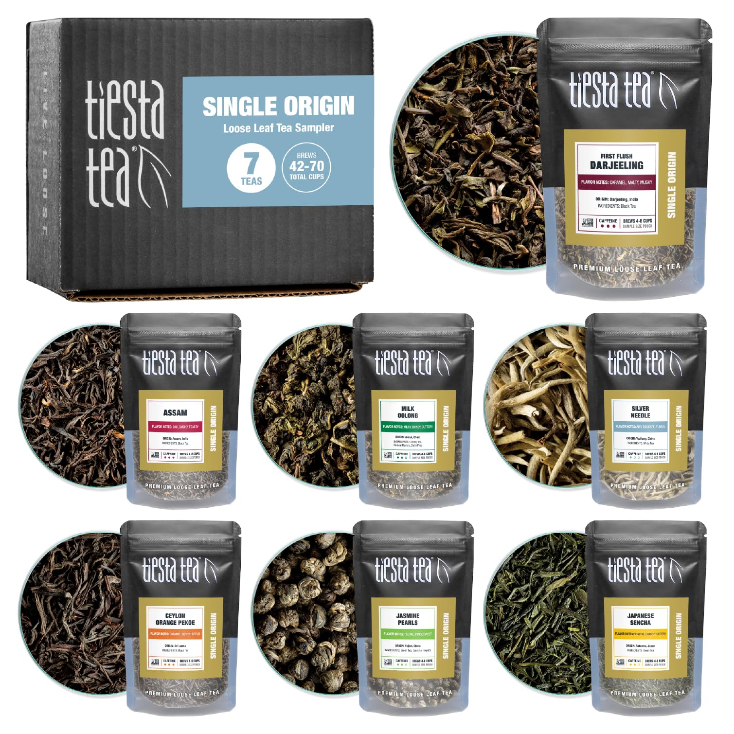 Tiesta Tea front packaging showing seven resealable sample pouches and branding, convenient sampling